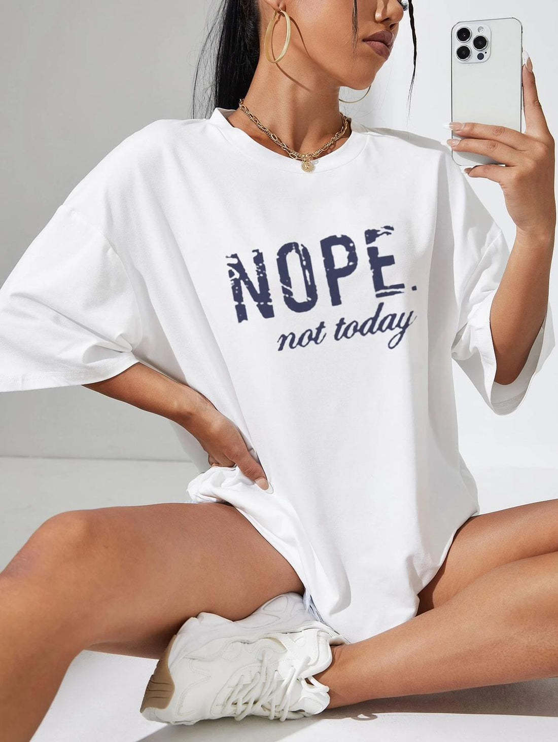 Ladies Oversized Nope Not Today Identical Graphic Print Short Sleeves T Shirt Top White One