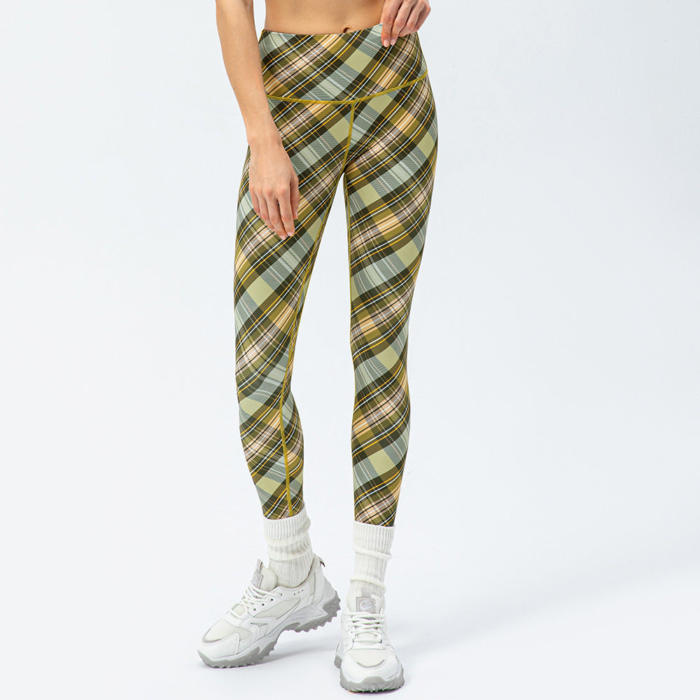 Women's Houndstooth Yoga Trousers Nude Feel High Waist Peach Hip Tight Running Exercise Pants Plaid Elements Mustard Plaid