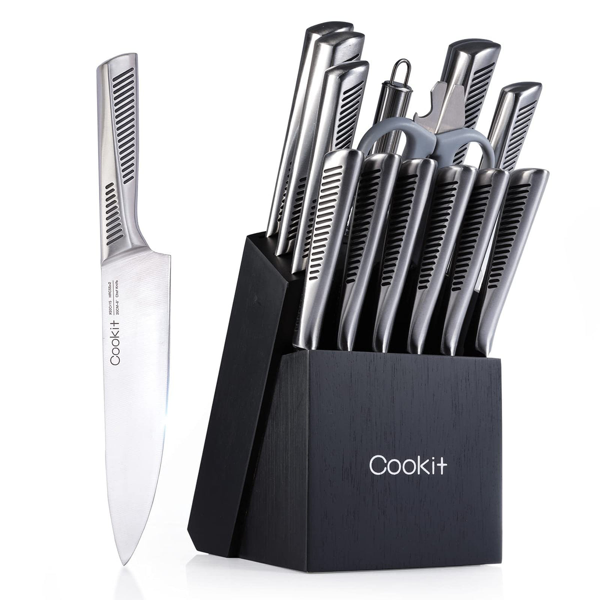 Kitchen Knife Set, 15 Piece Knife Sets with Block, Chef Knives with Non-Slip German Stainless Steel Hollow Handle Cutlery Set with Multifunctional Scissors Knife Sharpener Amazon Platform Banned default