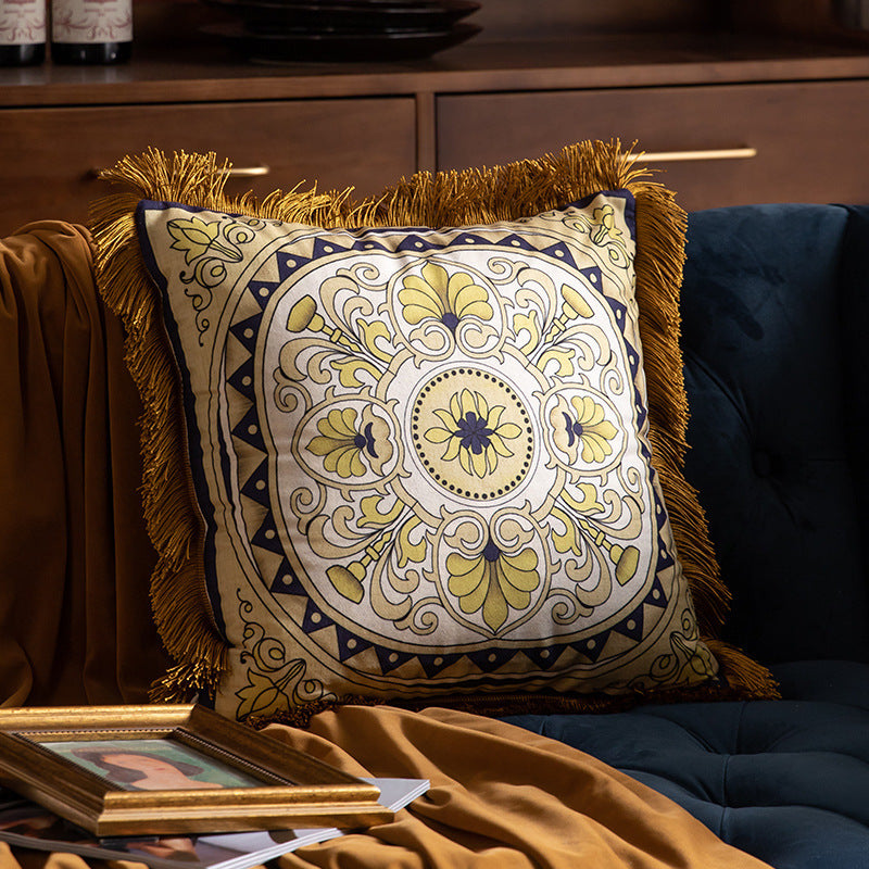 Pillow Sofa High-grade Sense Duplex Printing Tassel Waist Pillow Back Luxury Pillows Pester Waist Pillow 45×45CM