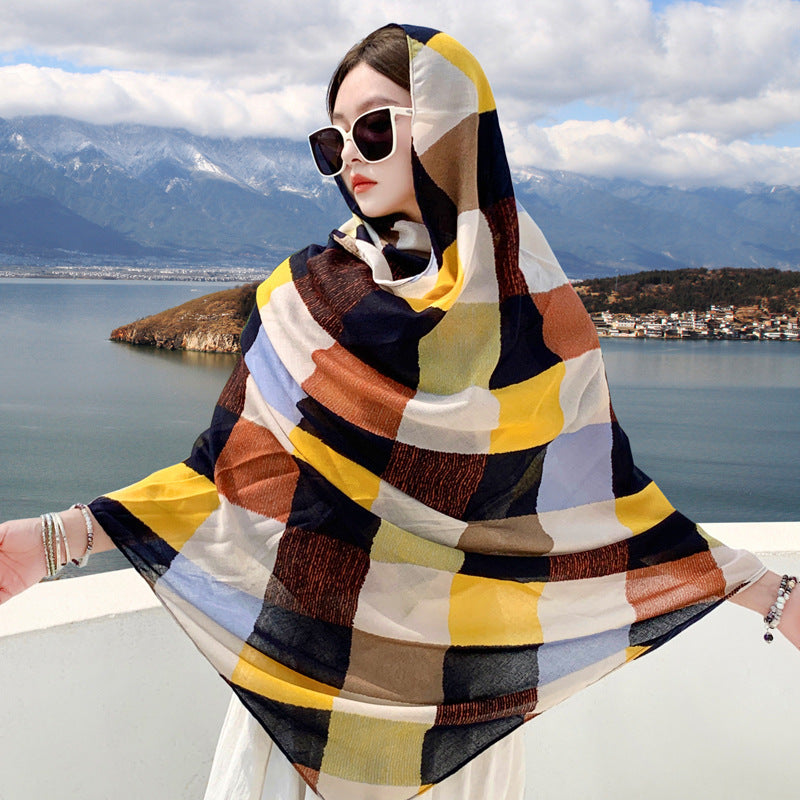 Women's Outer Scarf For Traveling In Western Sichuan Grassland Colorful Large Plaid Default