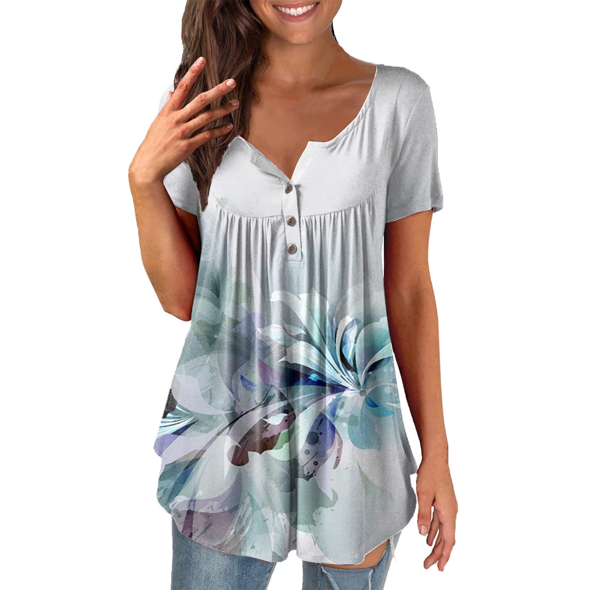 Ladies' Printed Ruffled Pullover Short Sleeve 4COLOR