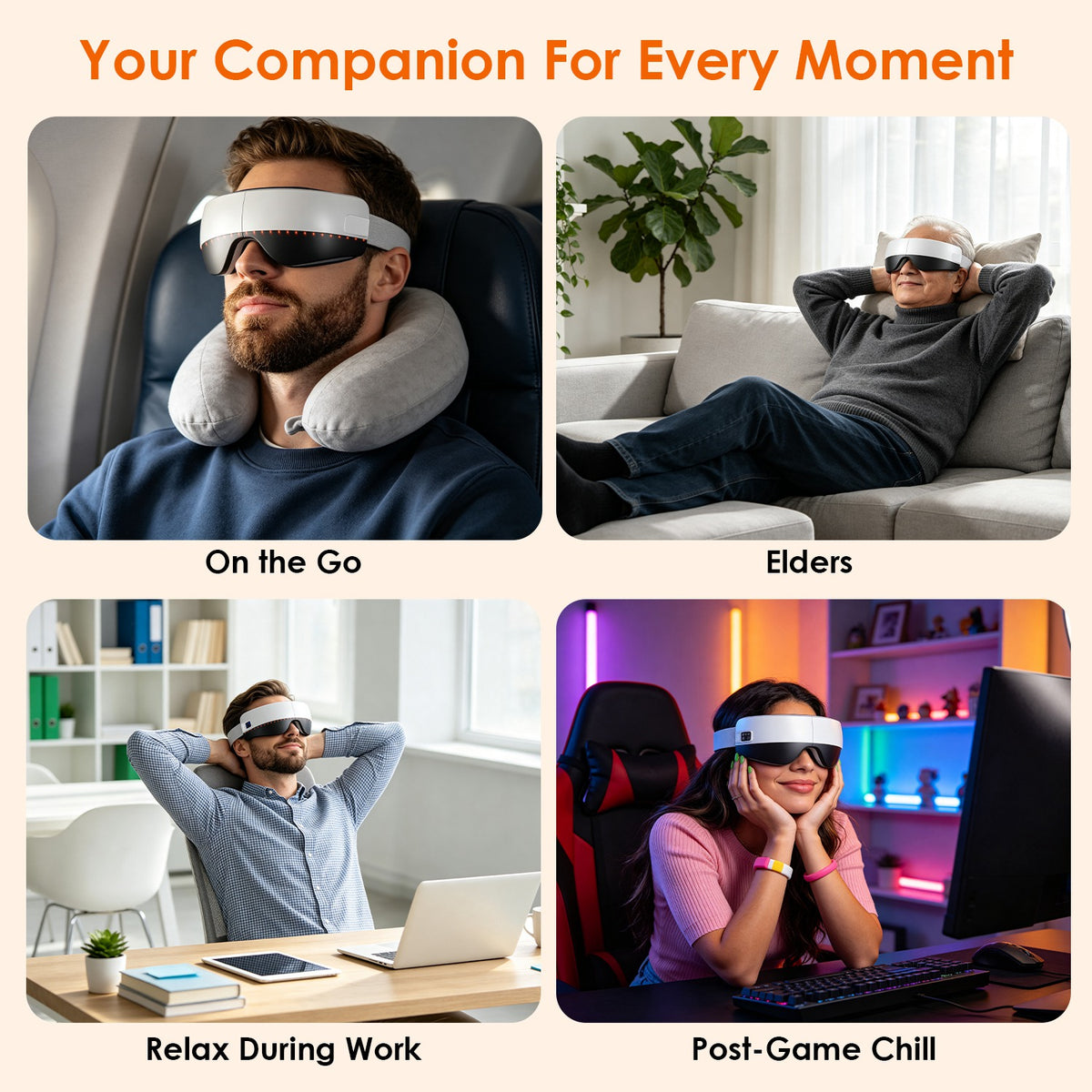 Eye Massager With Heat Air Compression & Vibration Voice Control 4 Massage Modes Wireless Music Playback Foldable Eye Massage Mask With Adjustable Intensity Ambient Light 15-Min Auto Timer