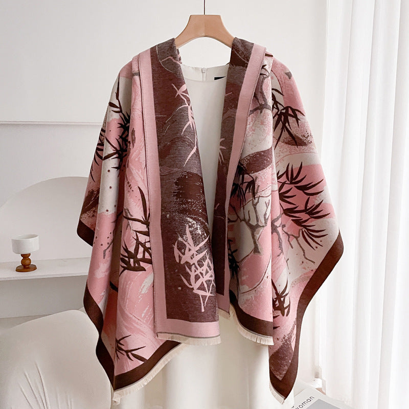 Warm Scarf Fashionable Outerwear Sweet Cute Double-sided Shawl Lucky Bamboo Coffee Pink