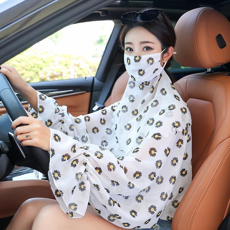 Women's Minimalist Face Mask And Neck Protection Integrated Sunscreen Clothing White Daisy