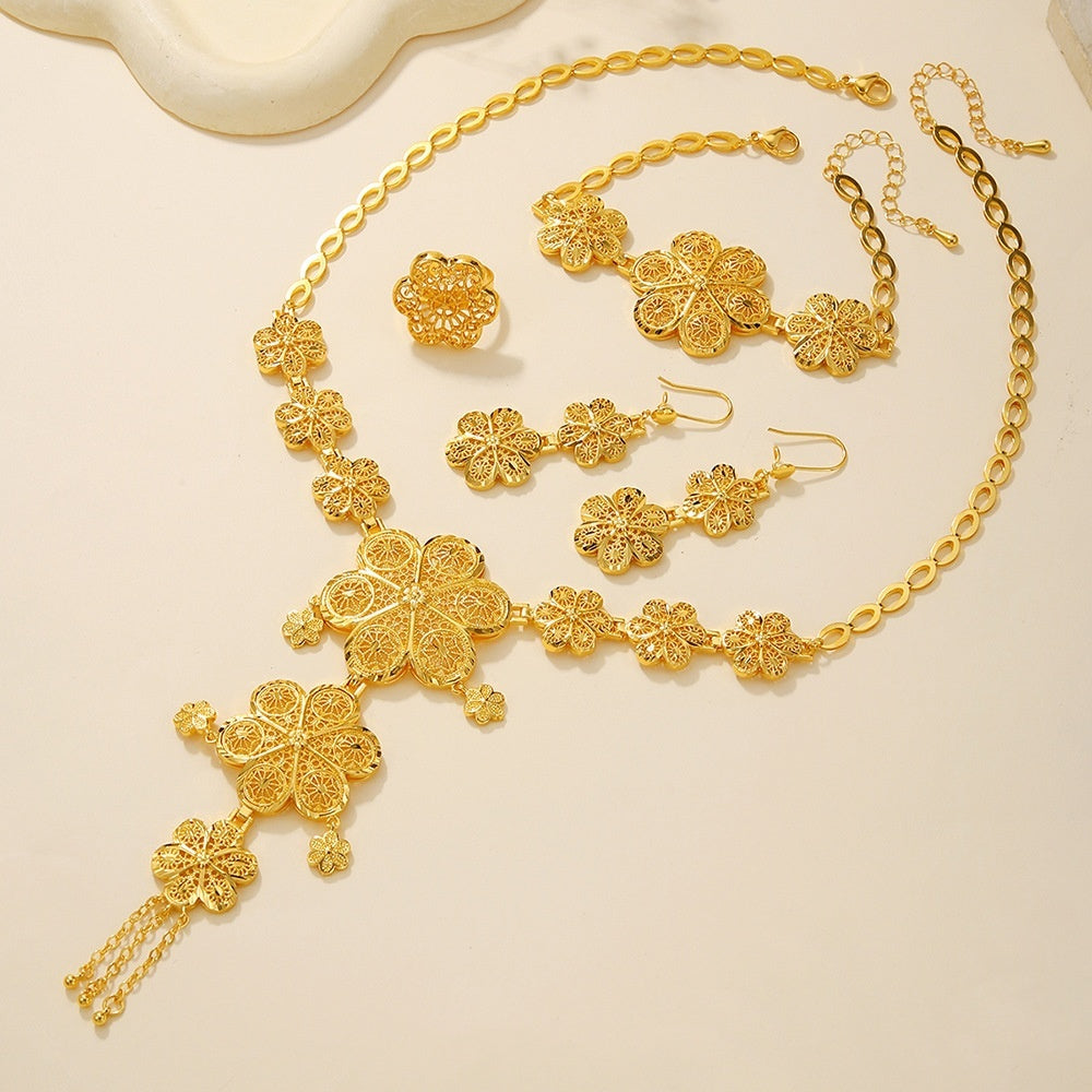 Bridal Necklace Earrings Hollow Carved Jewelry 4color