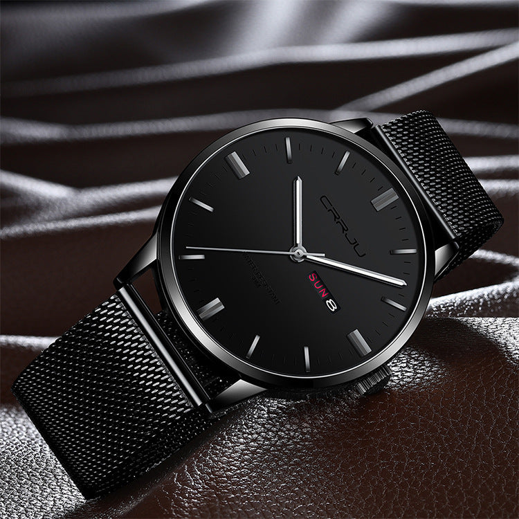 Men's watch business casual quartz watch Black Silver Post