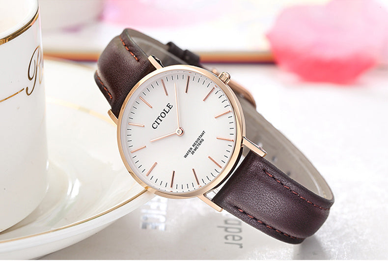 Large Dial Leather Watch Couple Watch Brown Female