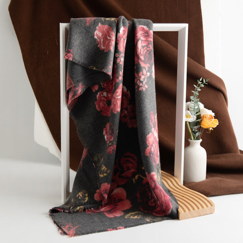 Cashmere-like Tassel Shawl Rose Print Cold-proof Warm Scarf Spring Swallow Rose Dark Gray 190X65CM