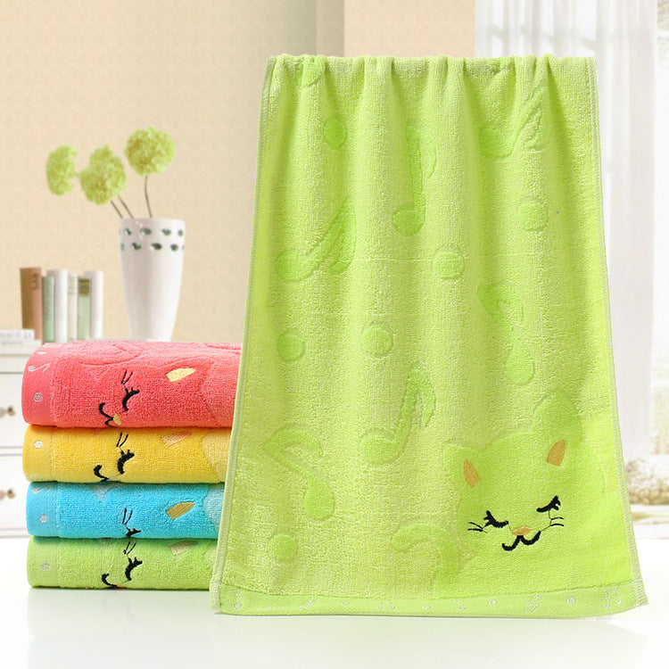 Bamboo Fiber Children's Jacquard Embroidery Notes Cat Small Towel Green 25x50