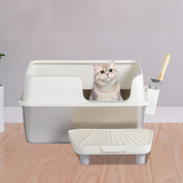 Stainless Steel With Plastic, Buckle Style With Shovel, Foot Pad, White Litter Box