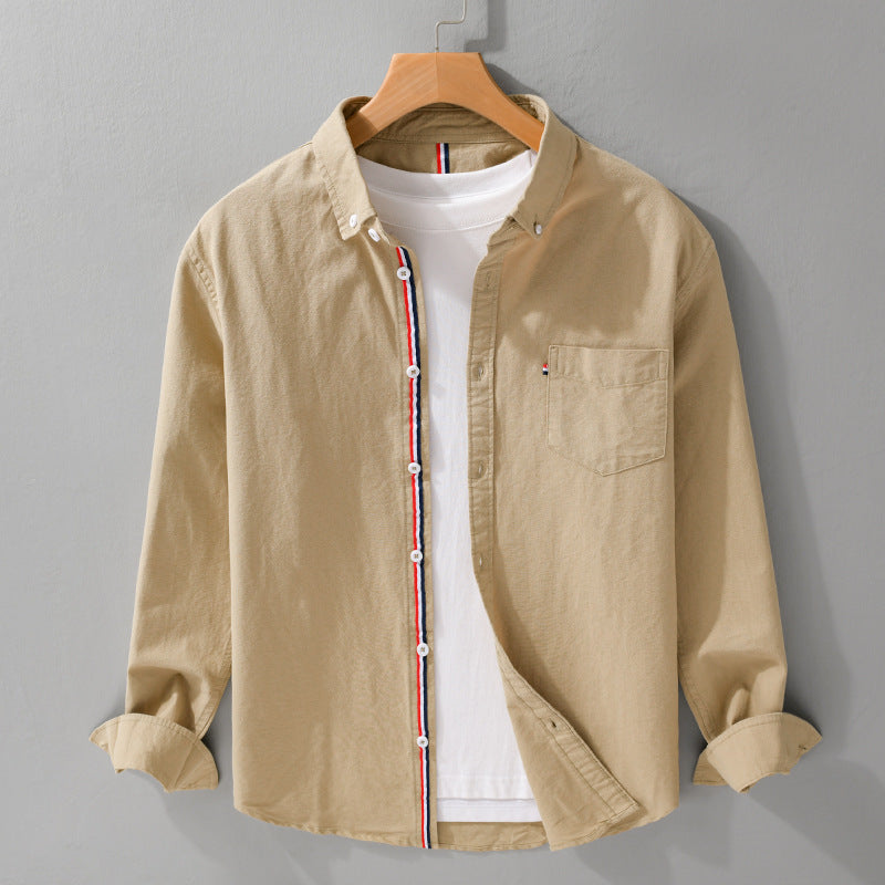 Men's British-style Oxford Long-sleeved Shirt Khaki