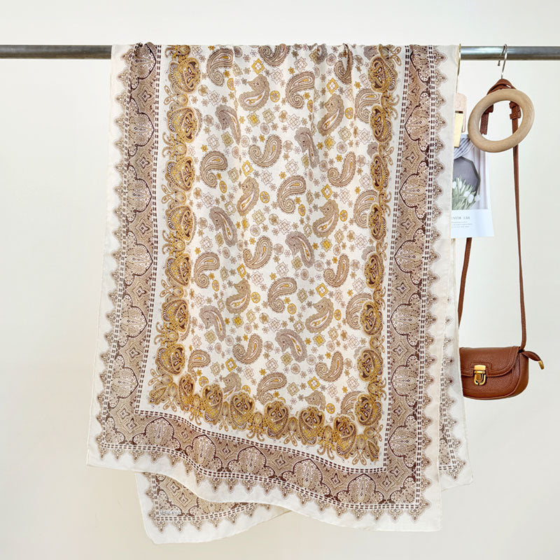 Women's High-grade Versatile Classic Pattern Travel Sun Protection Silk Scarf Shawl Light Yellow 85X180CM