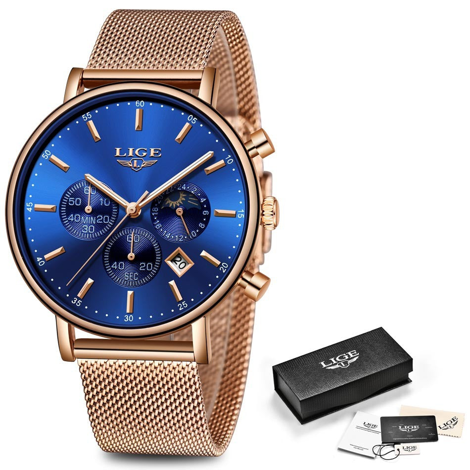 Quartz Watch Business Sports Watch Rose Gold Blue