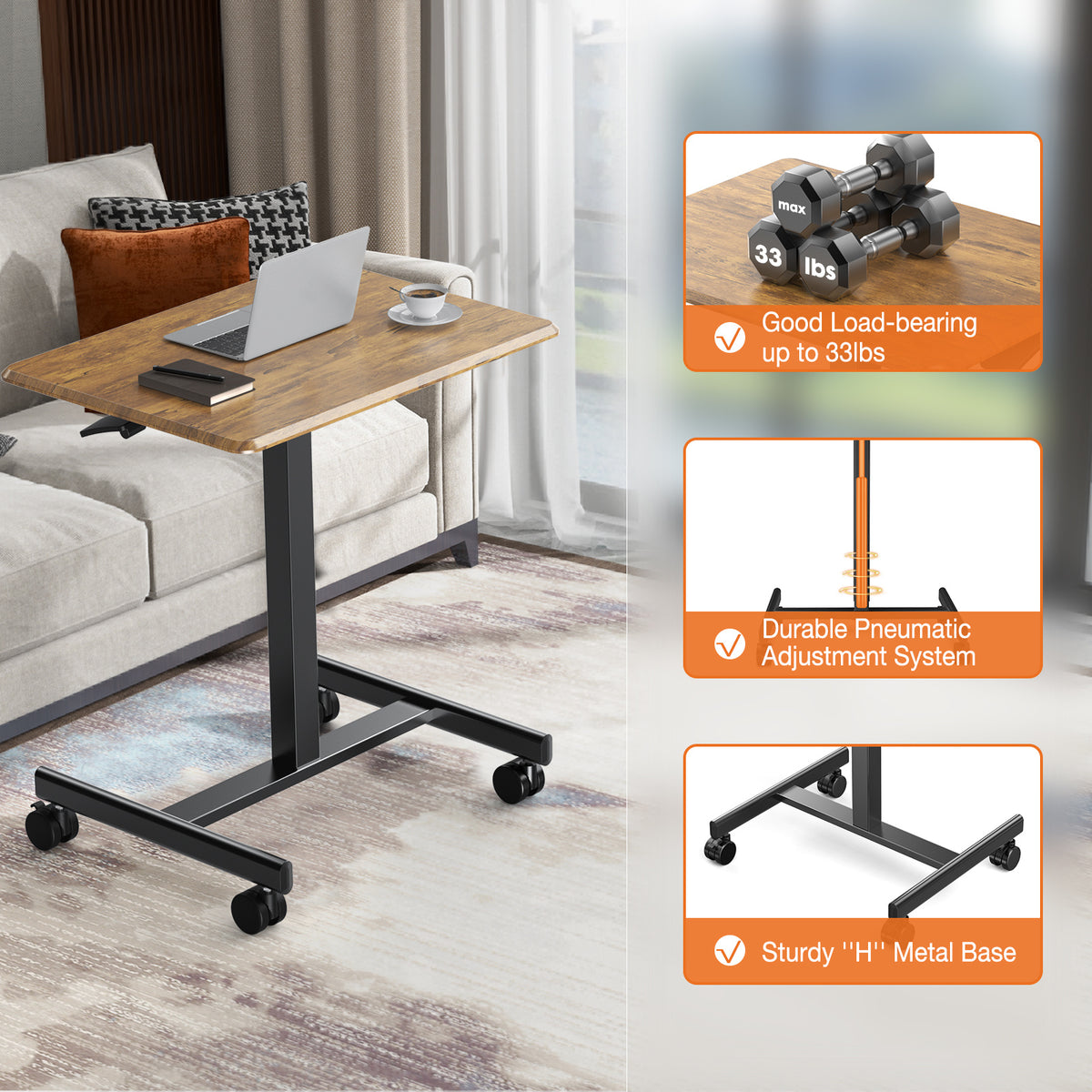 Adjustable Rolling Desk Laptop Computer Cart For Home Office Classroom Overbed Table