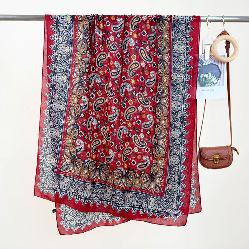Women's High-grade Versatile Classic Pattern Travel Sun Protection Silk Scarf Shawl Red 85X180CM