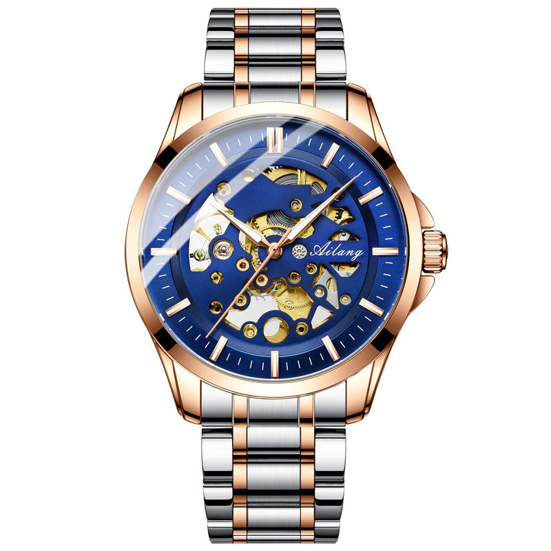 Automatic Mechanical Watch Hollow Watch Waterproof Blue gold steel belt