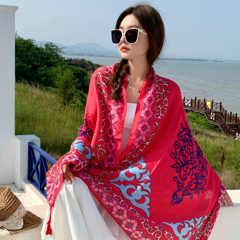 Women's Outer Scarf For Traveling In Western Sichuan Grassland Rose Red Default