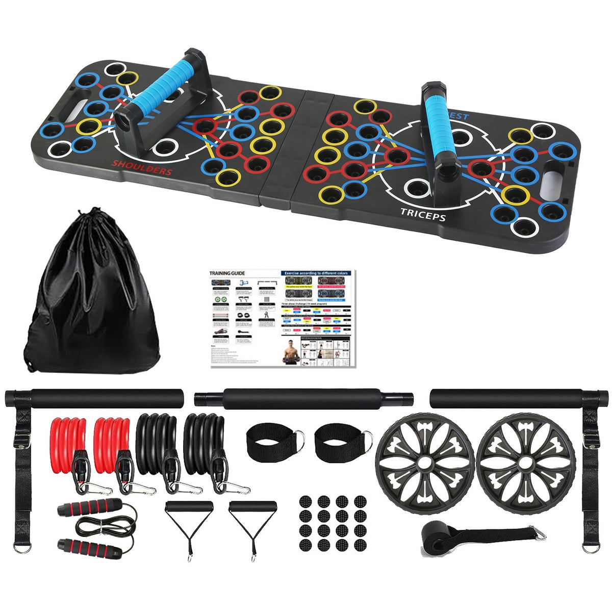 Multifunctional Push Up Board Home Strength Training Equipment With 15 Fitness Accessories Pilates Bar Resistance Band Roller Wheel Full Body Workout Home Gym Equipment Black