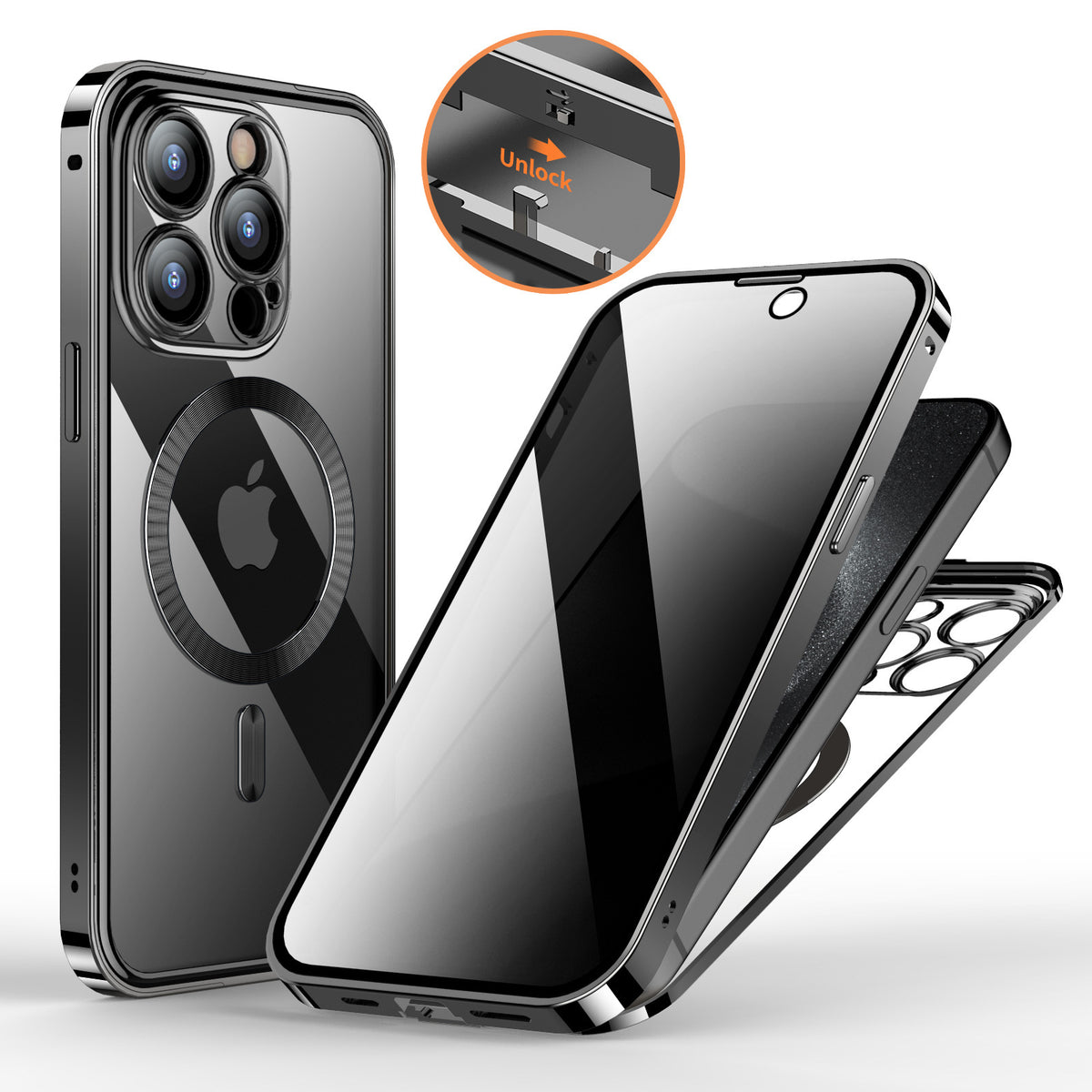 Anti-Privacy Metal Buckle Magnetic Support Wireless Charging Double-Sided Lens Full Cover Phone Case Protective Cover Black