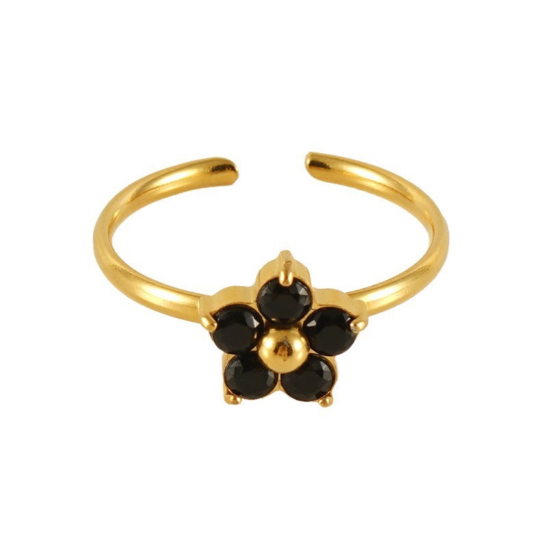 European And American New Stainless Steel Stylish Colored Diamond Ring Black Flowers Adjustable Opening
