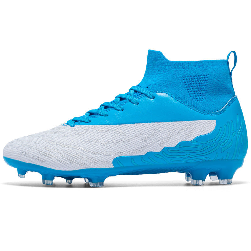 Professional Spike Breathable Sweat Absorbing Outdoor Sports Soccer Shoes White And Blue