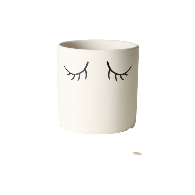 Ceramic Abstract Eyelashes Round Flower Pot Indoor Cactus Succulent Art Flower Pot Beige 11X11cm