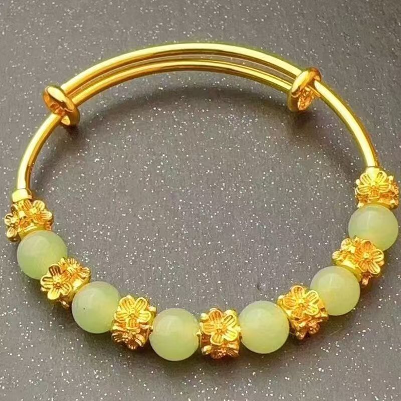 Brass Gold-plated Chalcedony Flower Pull Bracelet Hand Accessory Ancient Style Women's Light Luxury Versatile High-end Feeling Bracelet Jade agate flower pushpull br