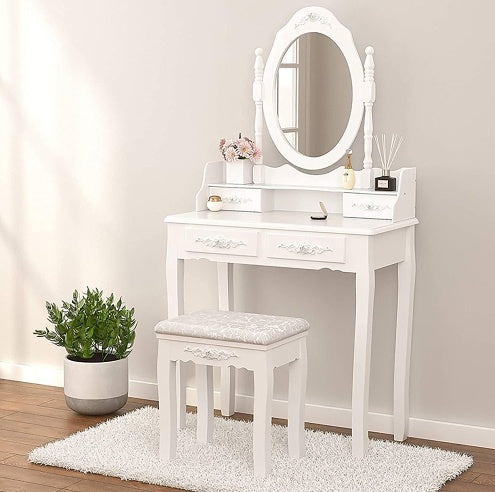 Vanity Table Set With 4 Drawer, Makeup Dressing Table W Cushioned Stool, Girls Women Bedroom Furniture Set Oval Mirror Jasmine White