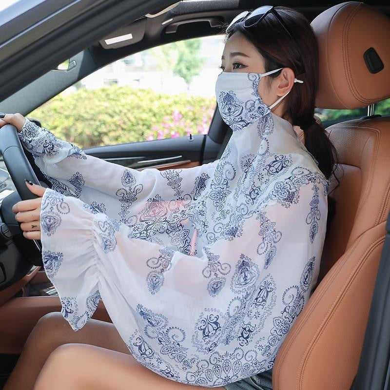 Women's Minimalist Face Mask And Neck Protection Integrated Sunscreen Clothing White And Blue