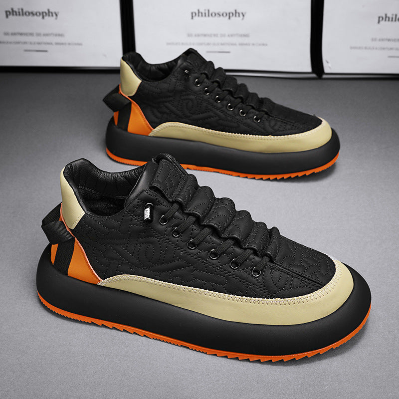 Mens Fashionable And Versatile Leather Sports Casual Board Shoes Black Orange