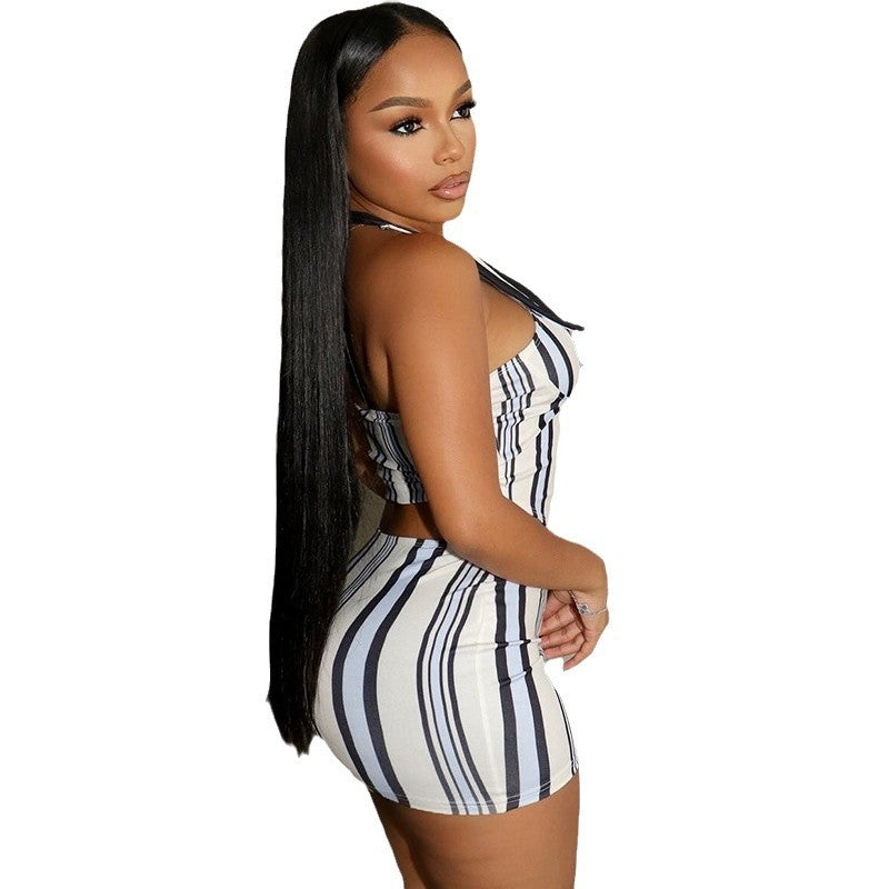 Sleeveless halter striped figure-hugging skirt set