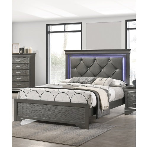 Dark Gray Faux Leather Tufted Headboard 1pc Queen Size Bed W LED Bedroom Furniture Gray Unique Texture FB Solid Wood Dark Gray