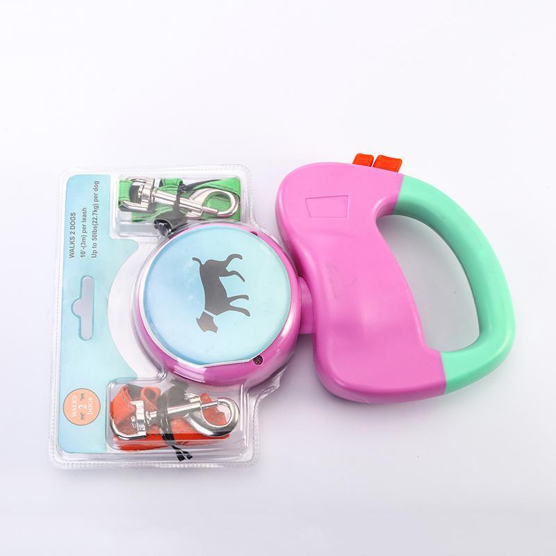 Retractable Dual Pet Dog Walking Leash Pink