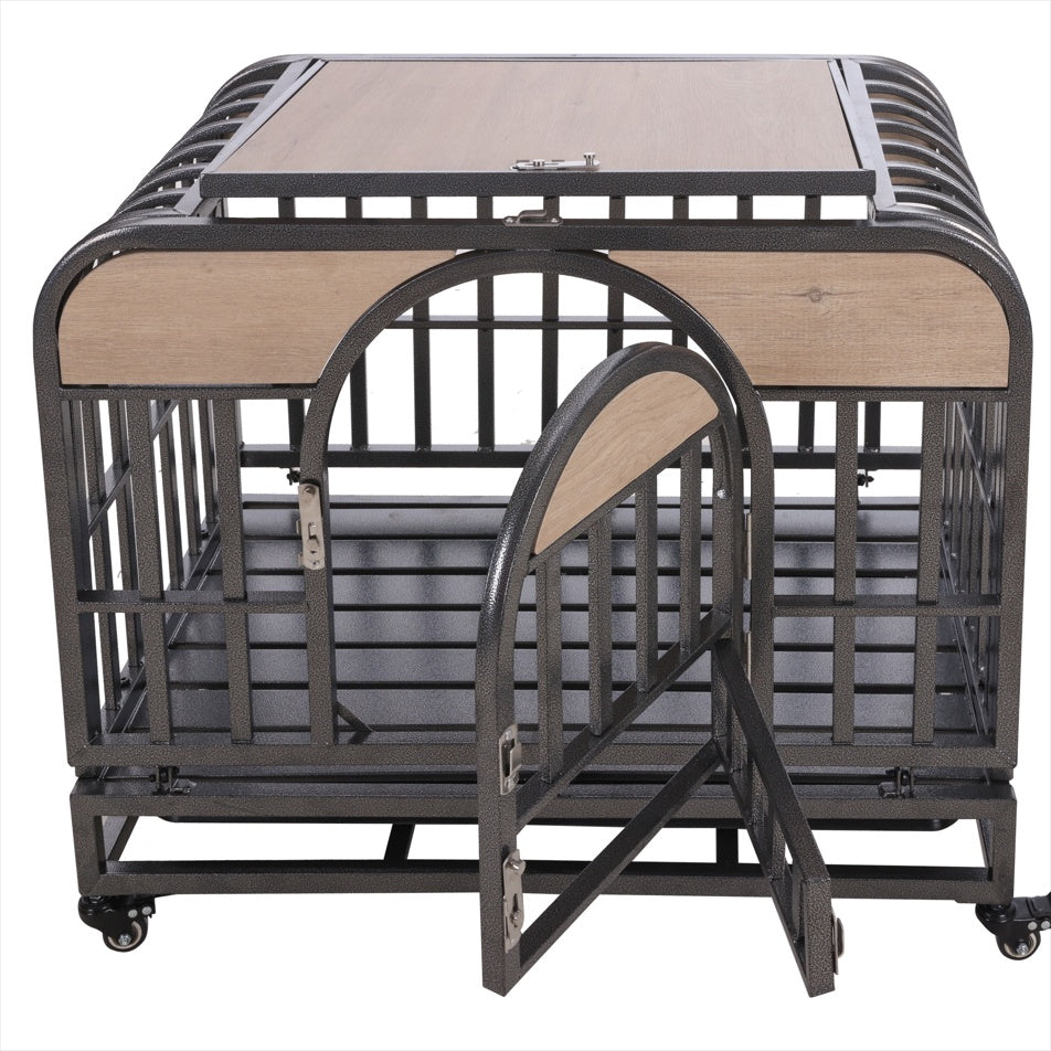 46in Heavy Duty Dog Crate, Furniture Style Dog Crate With Removable Trays And Wheels For High Anxiety Dogs