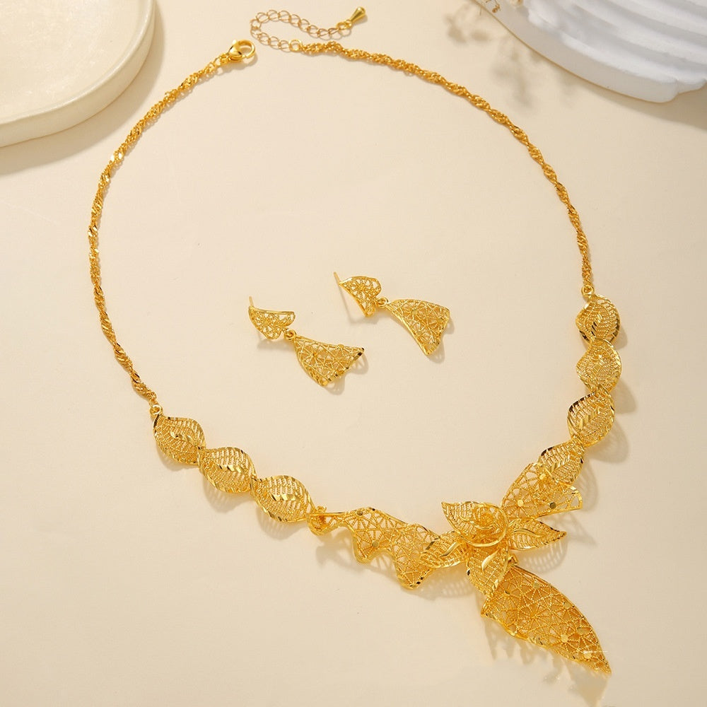 Bridal Necklace Earrings Hollow Carved Jewelry 3color
