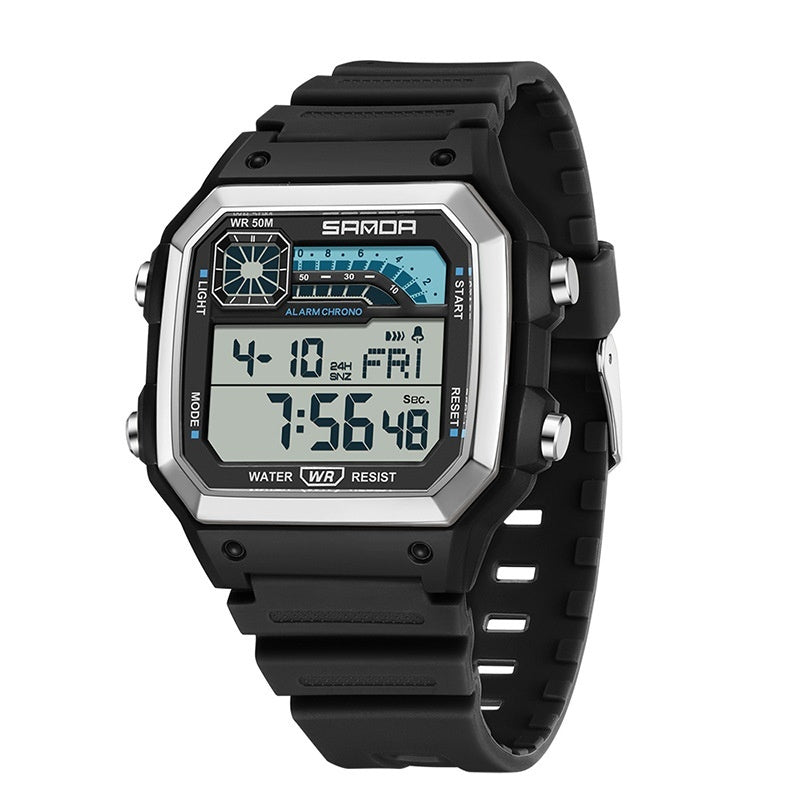 Electronic Watch Luminous Waterproof Sports Men Thin Square Black Silver