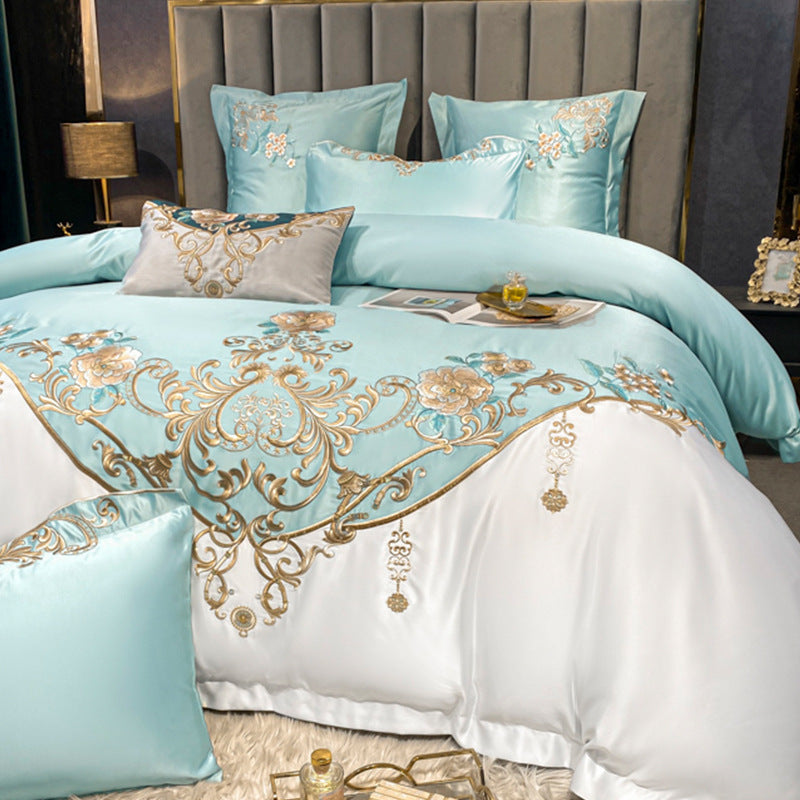 European Champagne Flower Embroidery Four-piece Luxury Bedding Set Fresh Blue 2m Bed Sheet