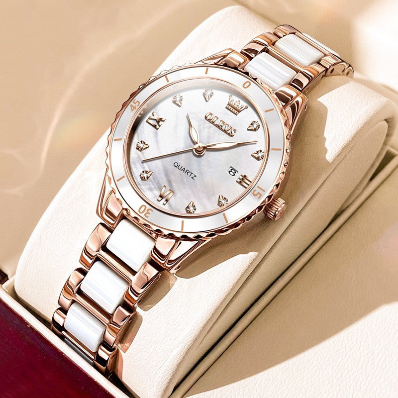 Quartz Watch Electronic Ceramic Women's Watch Women's Watch Li 9985 Steel Belt Rose White