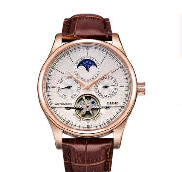 Men's automatic mechanical watch men's watch leather belt waterproof multi-function sports watch tourbillon watch Belt golden white