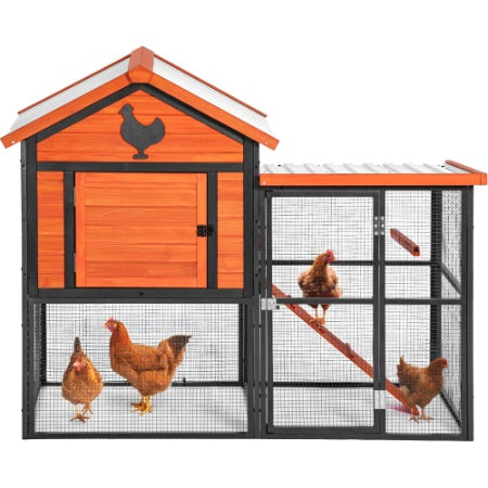 Durable Wood And Iron Chicken Coop With Runway And Waterproof Roof, Suitable For 5-7 Chickens, Built-in Nesting Box YellowBlack