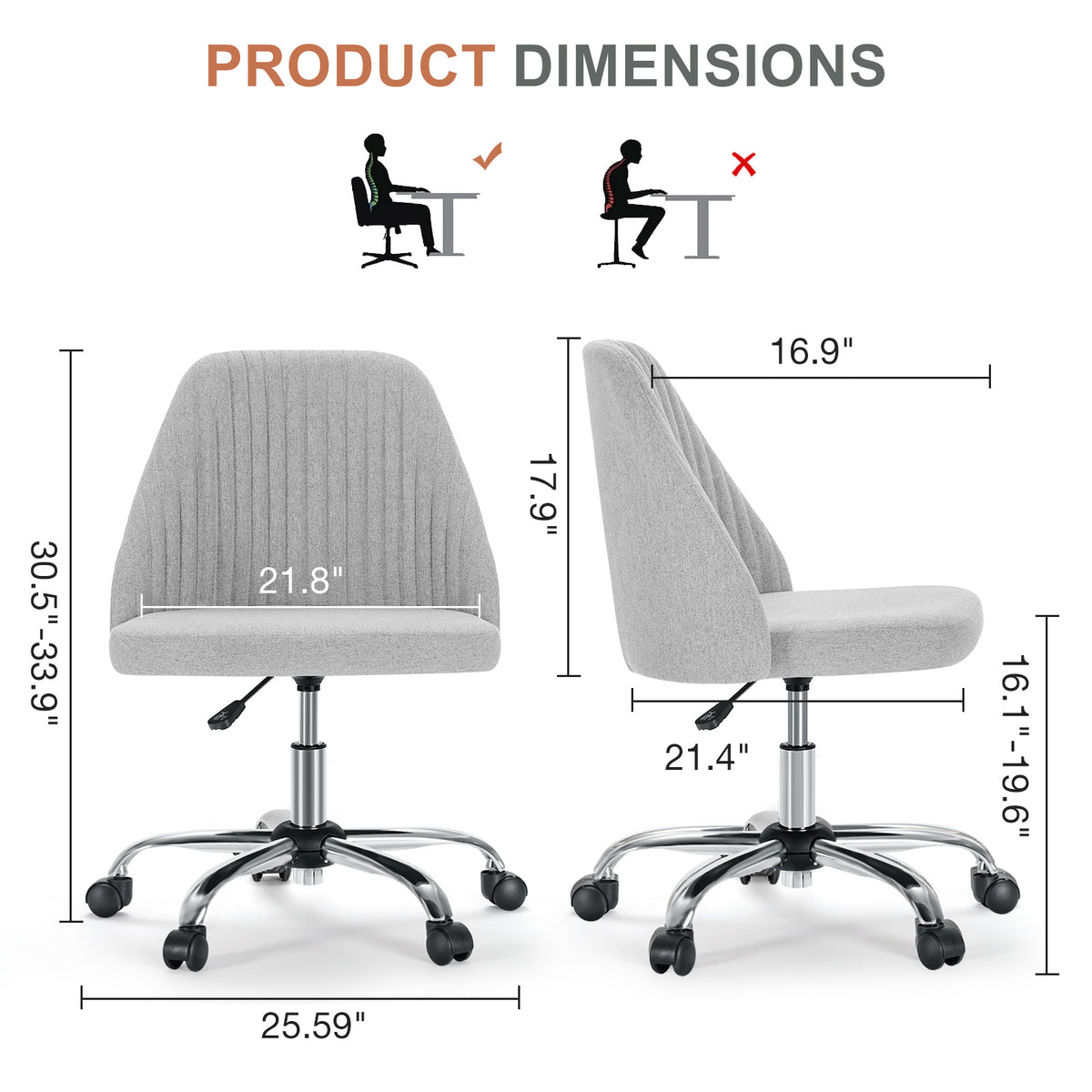 Modern Fabric Armless Adjustable Swivel Office Desk Chairs With Wheels Gray
