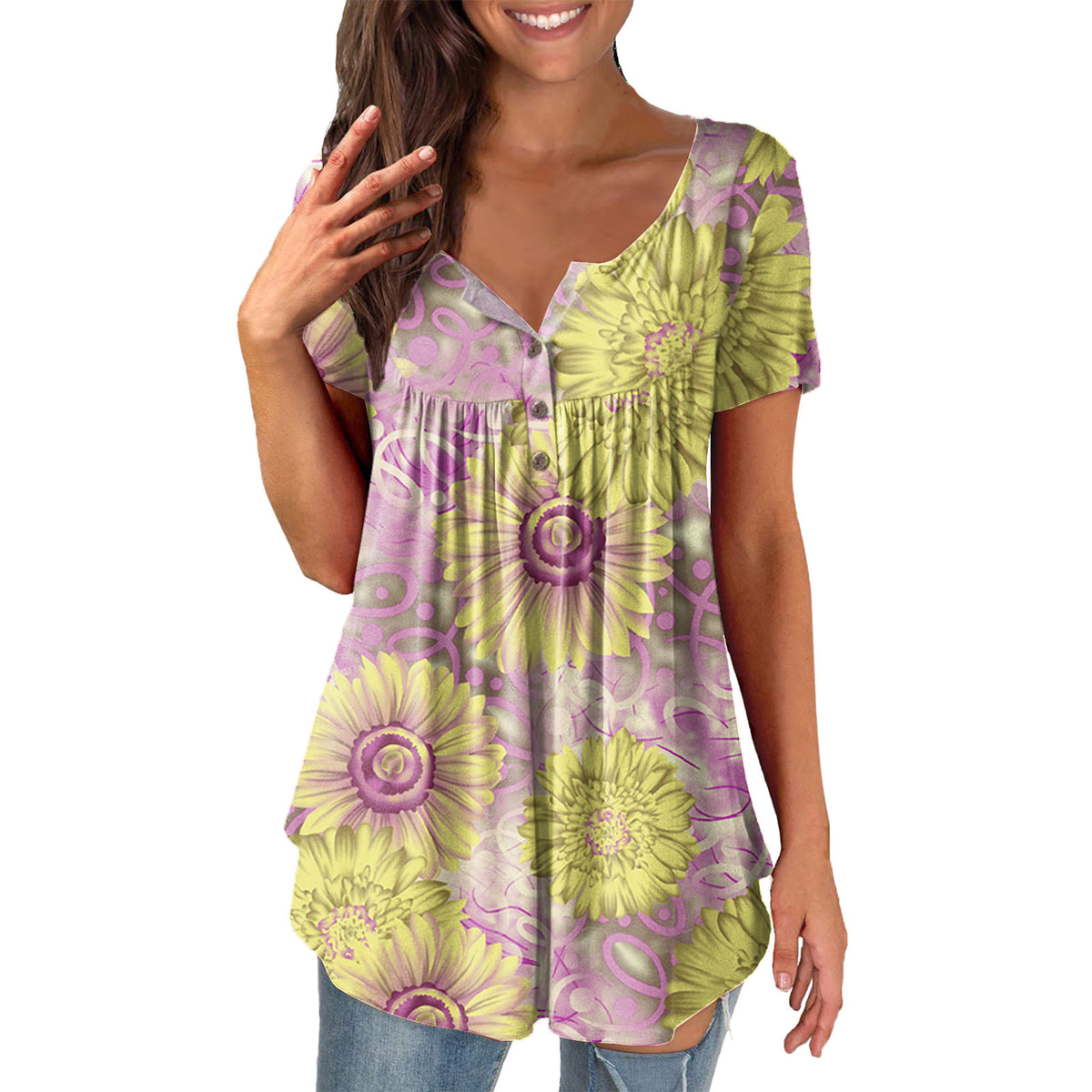Ladies' Printed Ruffled Pullover Short Sleeve 9COLOR