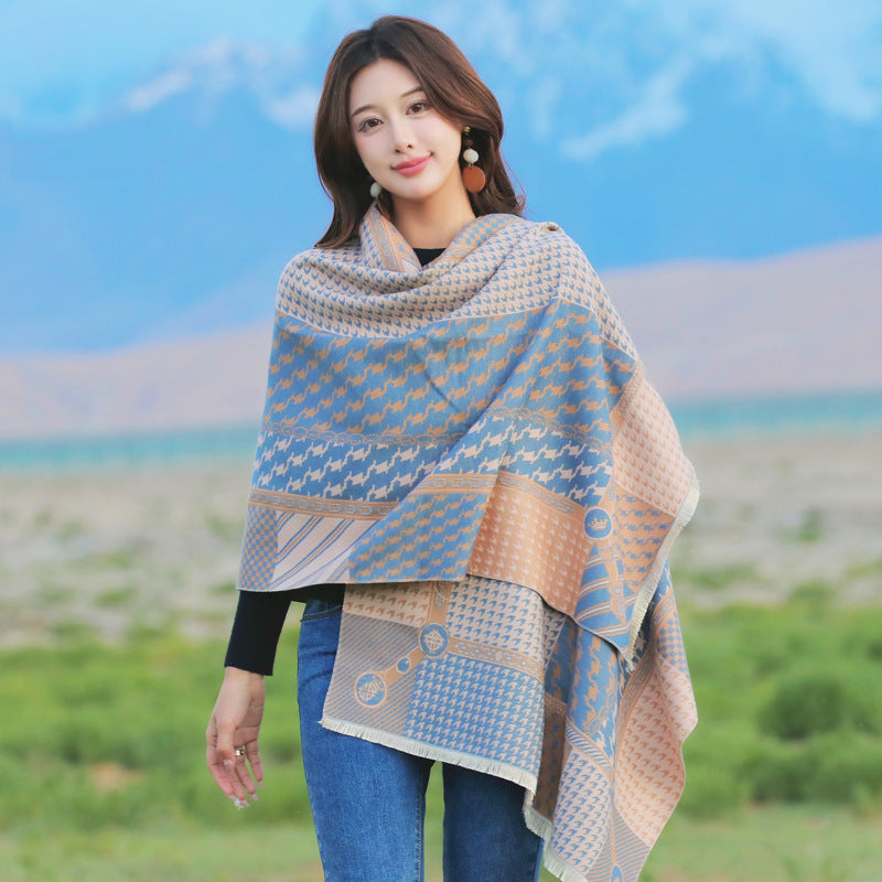 Retro High Sense Artificial Cashmere Scarf Playing Cards Blue Beige No Specifications