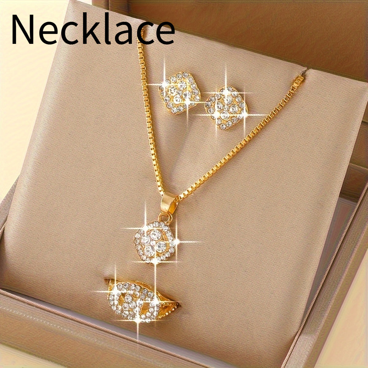 Light Luxury Diamond All-match Necklace Ring Three-piece Earrings Set Necklace