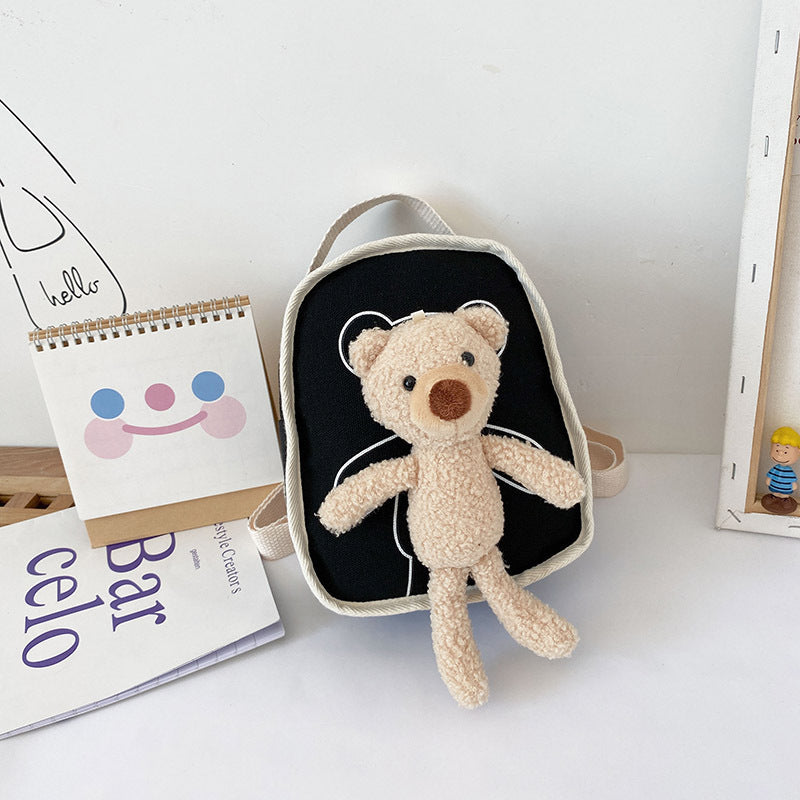 Cute Bear Doll Mini Canvas Kindergarten Backpack Black