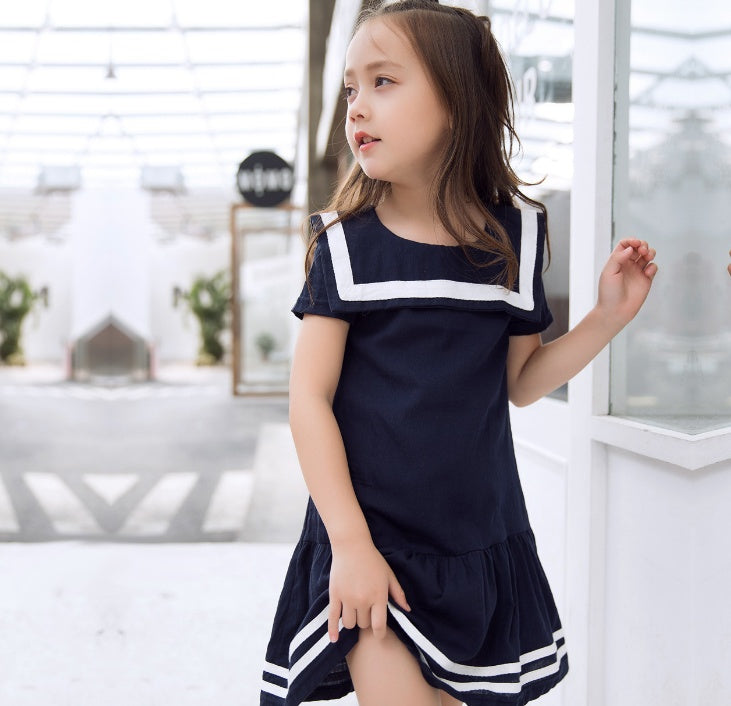 Sanlutoz Girls Clothes Summer Kids Dress For Girl Uniform Short Sleeve Girl Dress Cotton Toddler Fashion Brand New Blue