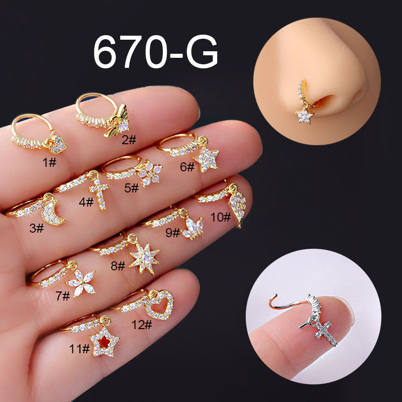 Star Moon Love Heart Flowers Cross Zircon Pendant Nose Ring Gold
