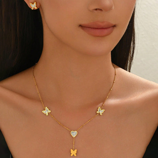Lxalry 18K Gold Plated Stainless Steel Butterfly Jewelry Set Hypoallergenic Tarnish Free Mirror Necklace Earrings Symmetrical Wing Design With Heart Clasp, Skin Safe Luxury Gift For Her Golden Ho