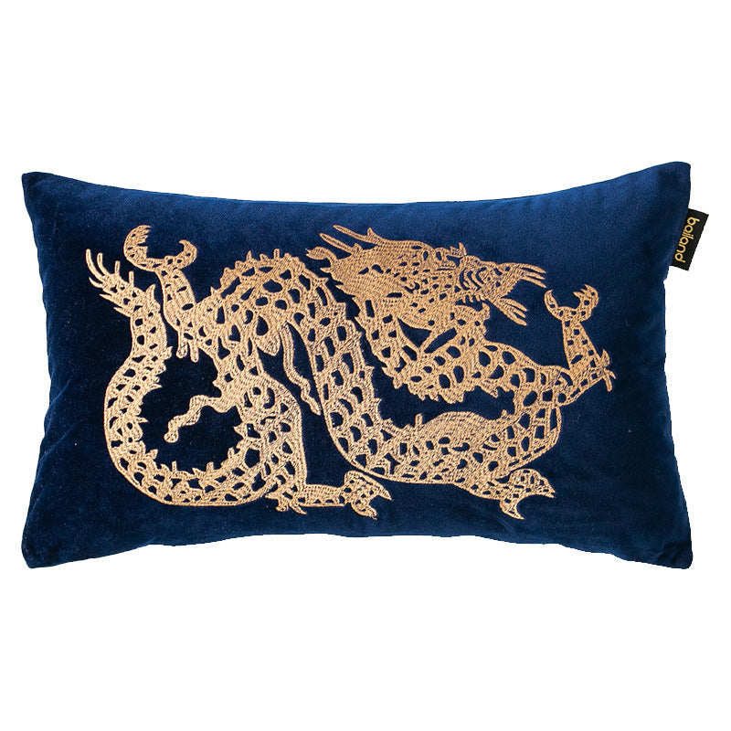 Embroidery Throw Pillow Sofa Cushion Living Room Chair Backrest Office Dark blue dragon